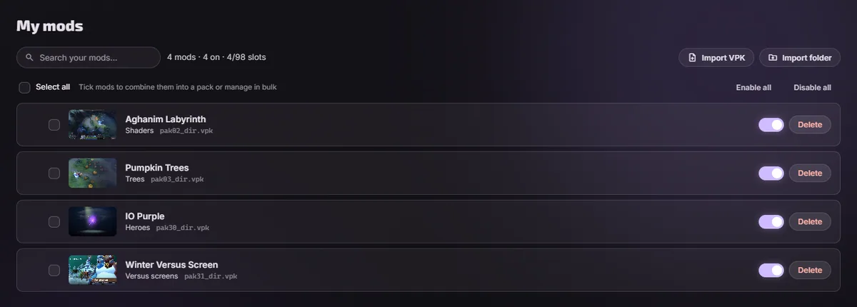 My mods: the switch turns a mod off, Delete takes it out.