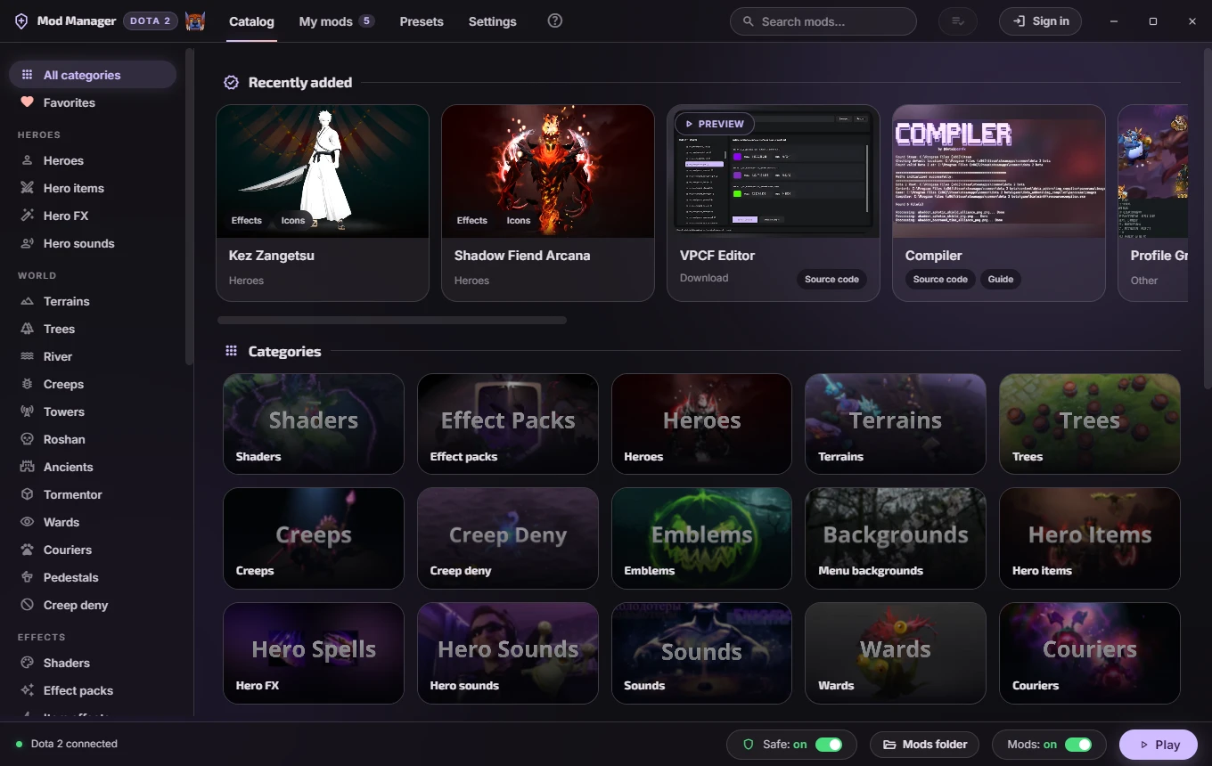 The Dota 2 mod catalog inside Dota 2 Mod Manager: cards from the D2PFX collection with previews and tags