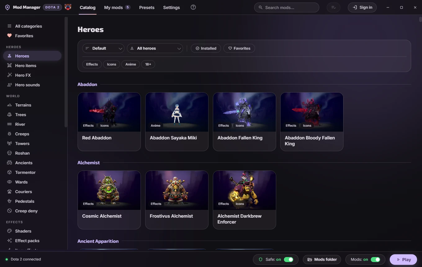 The heroes screen: every skin and mod for one Dota 2 hero in a single list