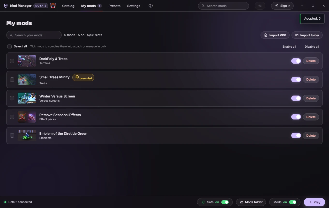 My mods: installed Dota 2 mods with toggles and their load order