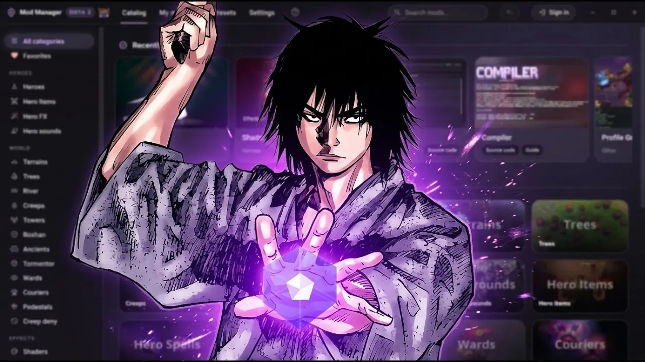 Thumbnail of hanta's video about Dota 2 Mod Manager, with the app's mod catalog behind it